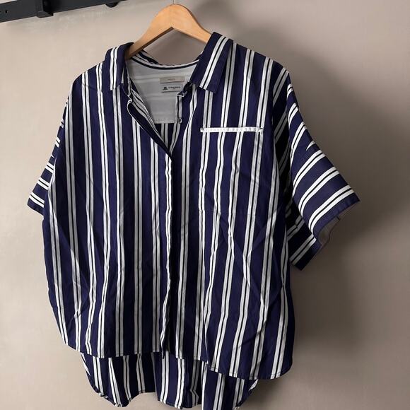 Le Phil Thomas Mason Button Front Blue White Striped Short Sleeve Blouse Japan - Picture 2 of 9